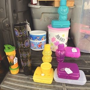 Lot of Tupperware items ranging from kids cups, knick knack holders to cups.